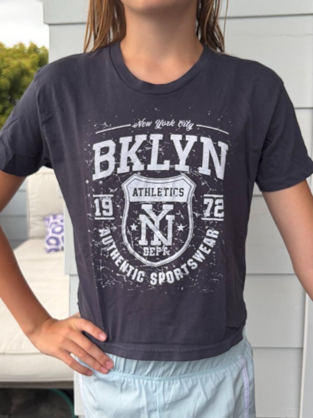 Marci Brooklyn Girls Large Gray Cropped Graphic Tee NYC
